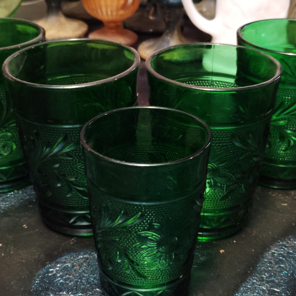 Set of Green Embossed Glass Tumblers